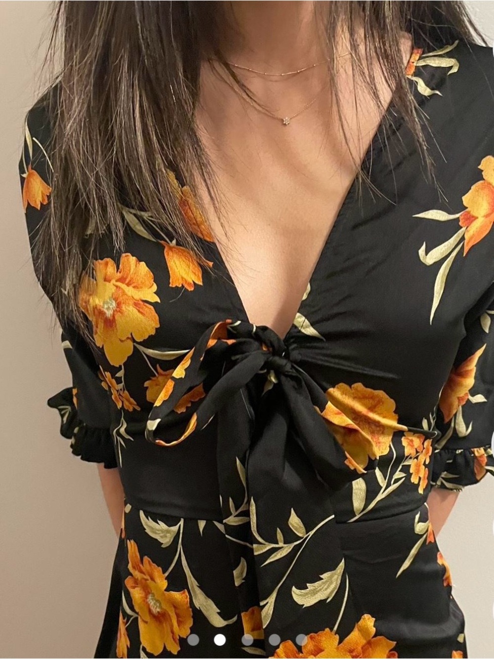 Black Mini Dress with Yellow Floral Print and Front Tie